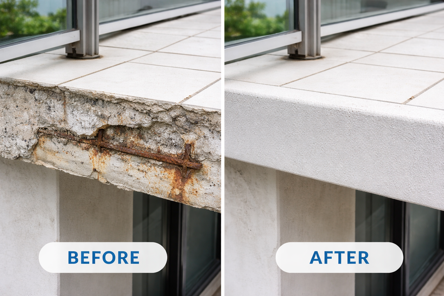 Concrete spalling before and after repair