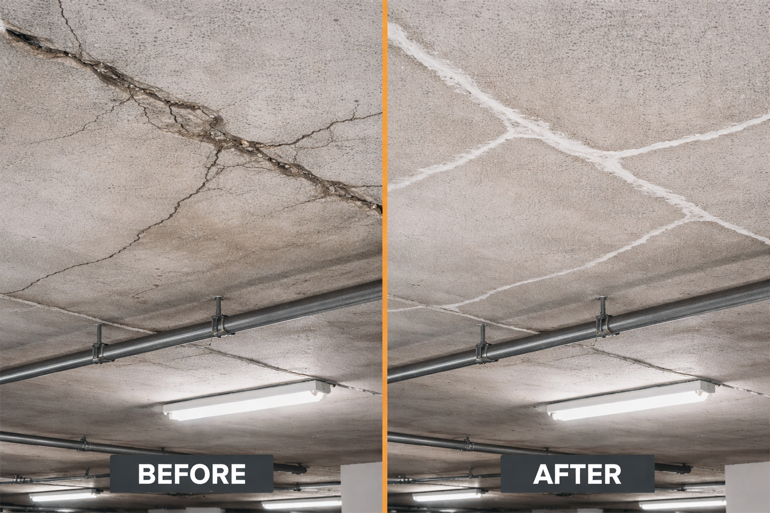 Concrete cracking before and after repair