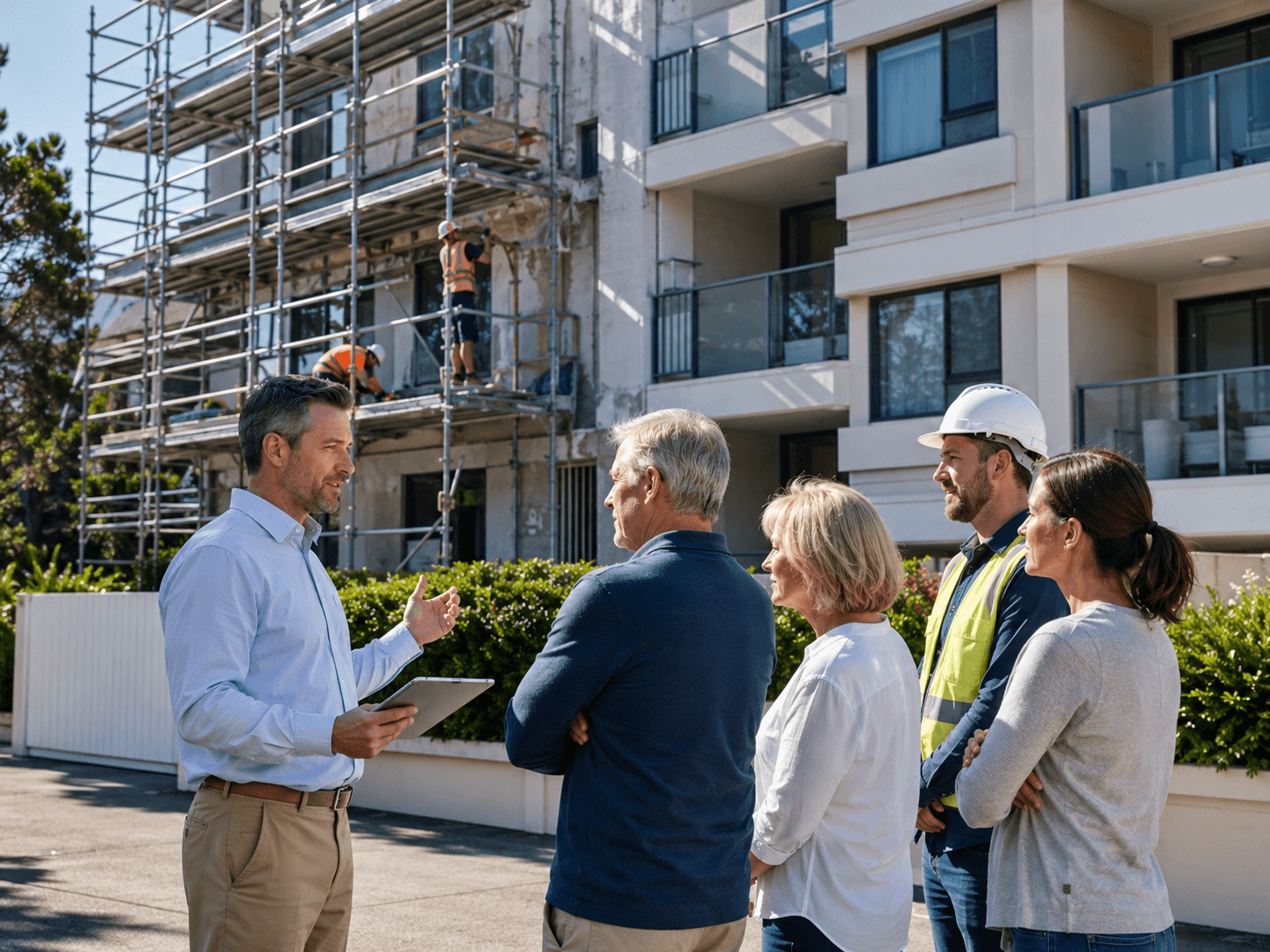 Remedial building consultant reviewing repair documentation on site