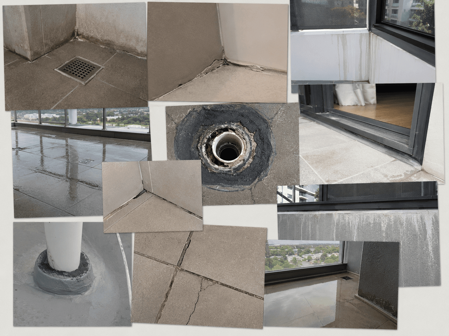Waterproofing membrane and floor waste detail on an apartment balcony
